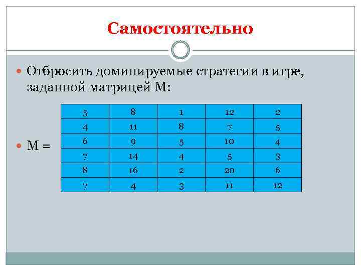 Самостоятельно Отбросить доминируемые стратегии в игре, заданной матрицей М: 5 1 12 2 4