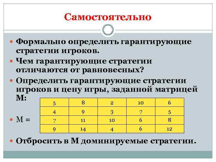 Самостоятельно Формально определить гарантирующие стратегии игроков. Чем гарантирующие стратегии отличаются от равновесных? Определить гарантирующие