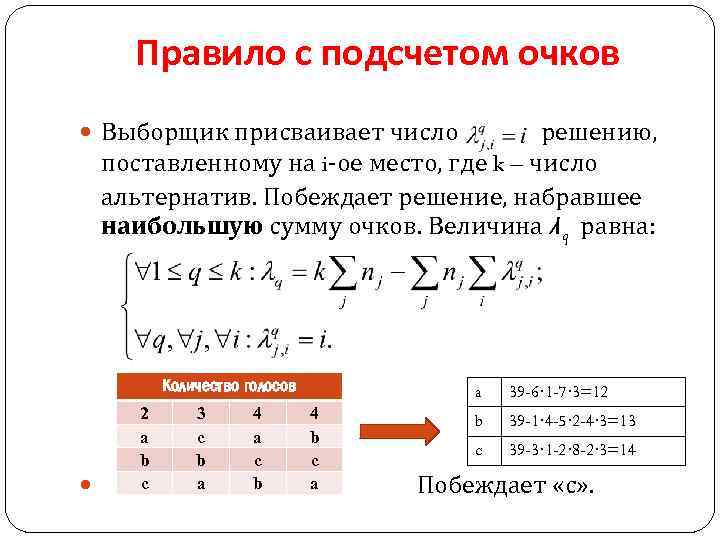 Правило с подсчетом очков Выборщик присваивает число решению, поставленному на i-ое место, где k