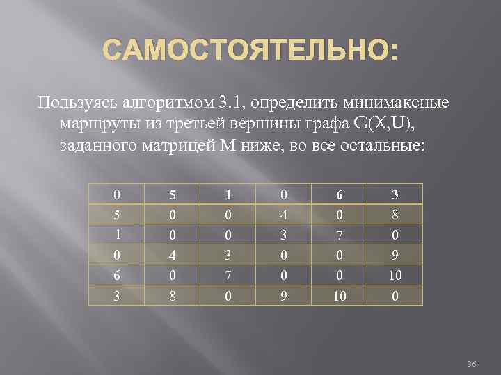 САМОСТОЯТЕЛЬНО: Пользуясь алгоритмом 3. 1, определить минимаксные маршруты из третьей вершины графа G(X, U),