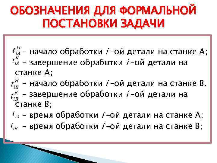 ОБОЗНАЧЕНИЯ ДЛЯ ФОРМАЛЬНОЙ ПОСТАНОВКИ ЗАДАЧИ - начало обработки i –ой детали на станке А;