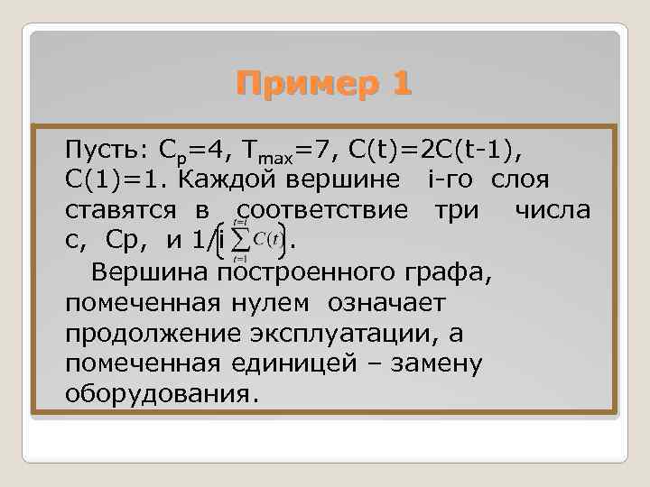 Пример 1 Пусть: Cp=4, Тmax=7, C(t)=2 C(t-1), C(1)=1. Каждой вершине i-го слоя ставятся в