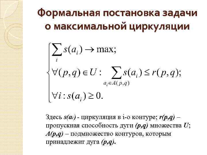 Формальная постановка задачи о максимальной циркуляции Здесь s(аi ) - циркуляция в i-о контуре;