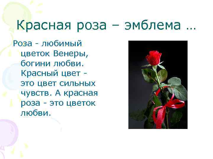 Красная роза – эмблема … Роза - любимый цветок Венеры, богини любви. Красный цвет