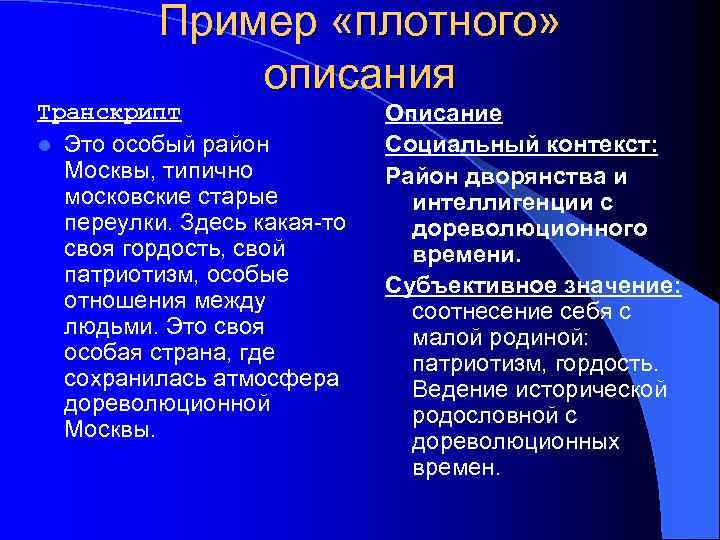 Пример «плотного» описания Транскрипт l Это особый район Москвы, типично московские старые переулки. Здесь