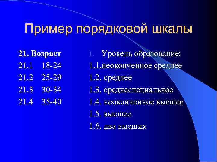 Пример порядковой шкалы 21. Возраст 21. 1 18 24 21. 2 25 29 21.