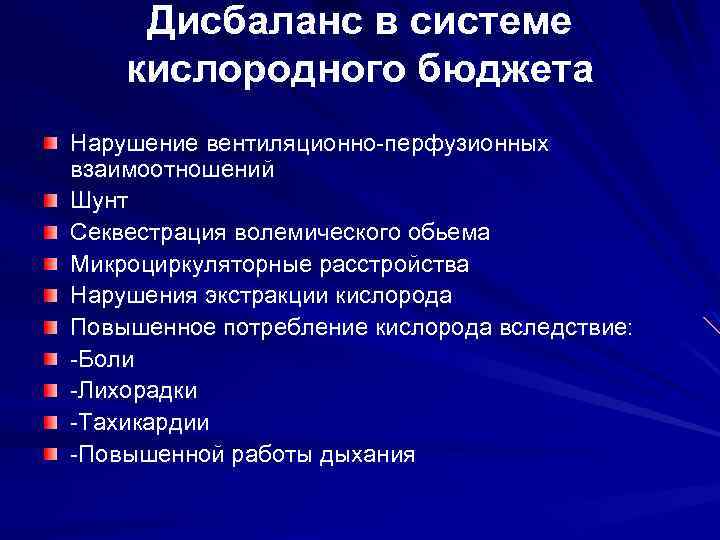 Дисбаланс в системе кислородного бюджета Нарушение вентиляционно-перфузионных взаимоотношений Шунт Секвестрация волемического обьема Микроциркуляторные расстройства