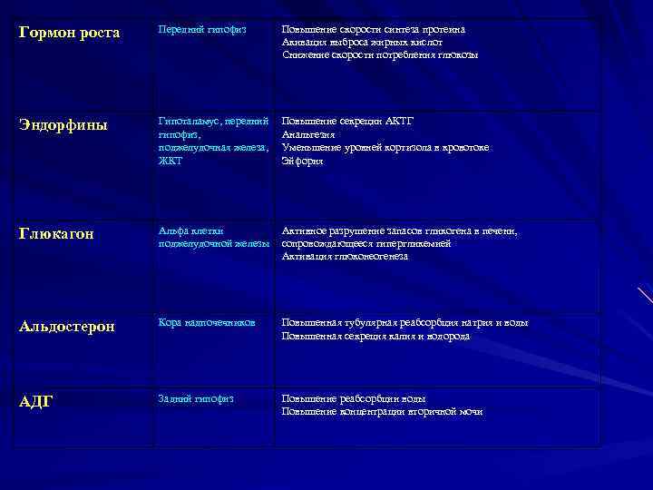 Гормон роста Передний гипофиз Повышение скорости синтеза протеина Акивация выброса жирных кислот Снижение скорости