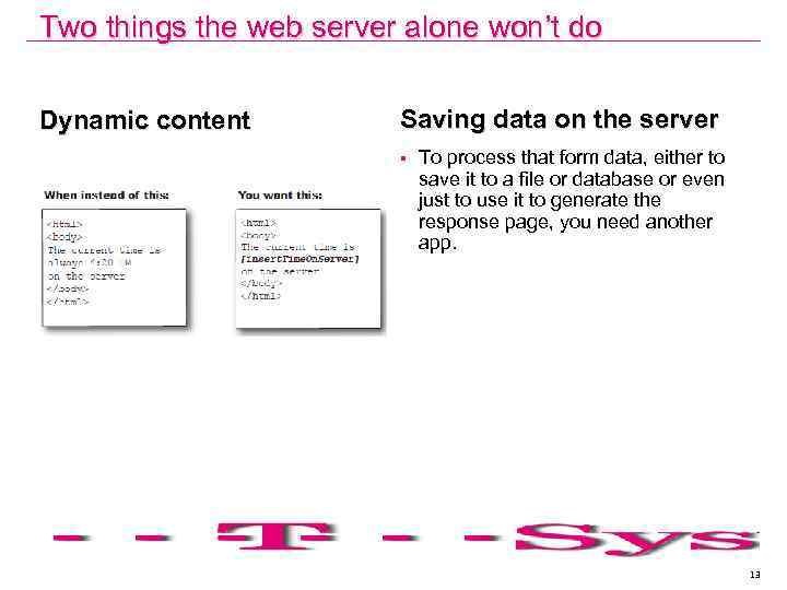 Two things the web server alone won’t do Dynamic content Saving data on the