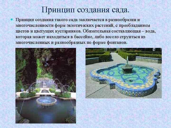 Принцип создания сада. Принцип создания такого сада заключается в разнообразии и многочисленности форм экзотических