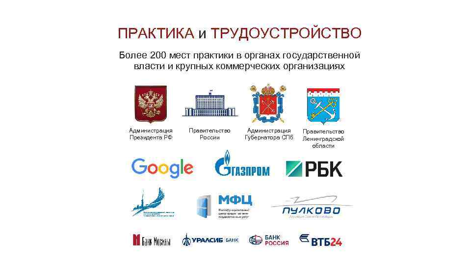ПРАКТИКА и ТРУДОУСТРОЙСТВО Более 200 мест практики в органах государственной власти и крупных коммерческих