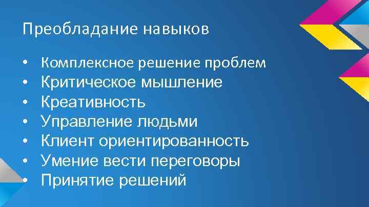 Преобладание навыков • • Комплексное решение проблем Критическое мышление Креативность Управление людьми Клиент ориентированность