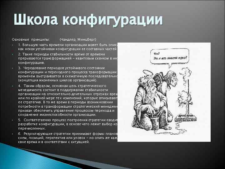 Школа конфигурации Основные принципы: (Чандлер, Минцберг) 1. Большую часть времени организация может быть описана