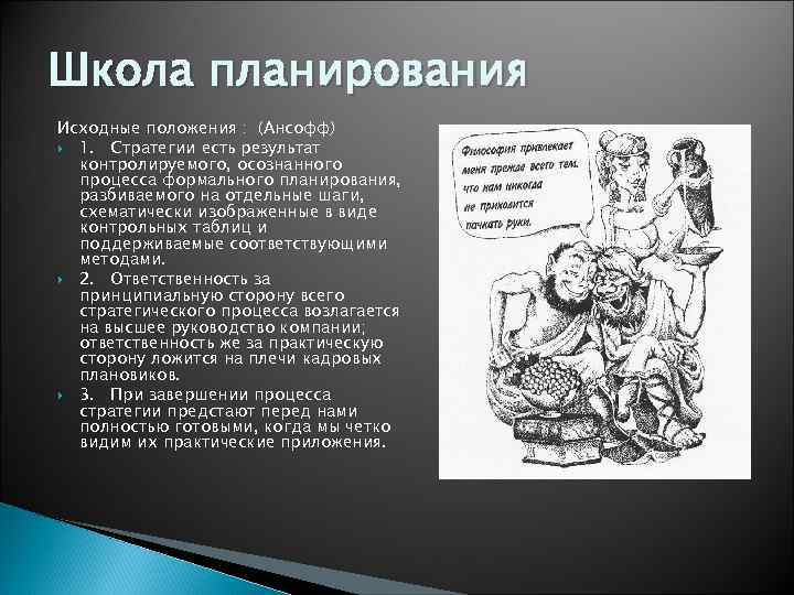 Школа планирования Исходные положения : (Ансофф) 1. Стратегии есть результат контролируемого, осознанного процесса формального