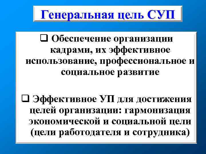 Генеральная цель СУП q Обеспечение организации кадрами, их эффективное использование, профессиональное и социальное развитие