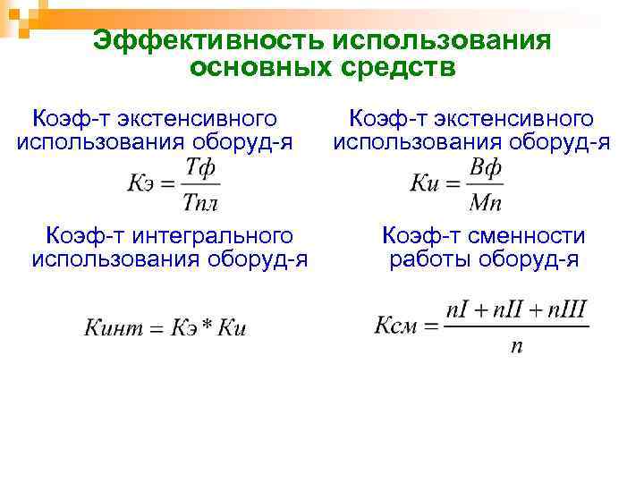 Эффективность использования основных средств Коэф т экстенсивного использования оборуд я Коэф т интегрального использования