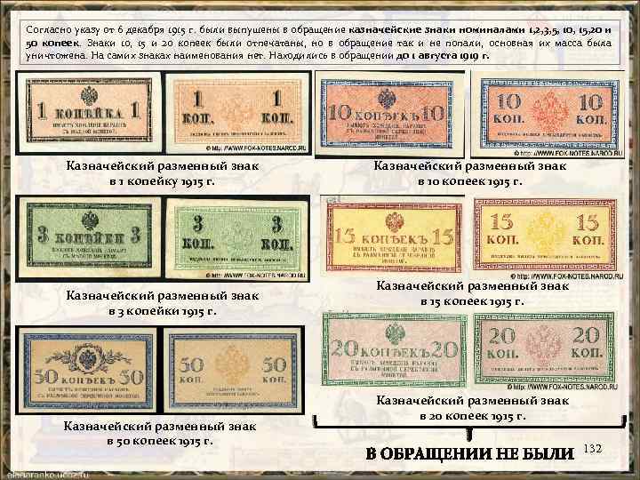 Согласно указу от 6 декабря 1915 г. были выпушены в обращение казначейские знаки номиналами
