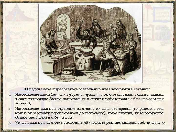 1. 2. 3. В Средние века выработалась совершенно иная технология чеканки: Изготовление цанов (металл