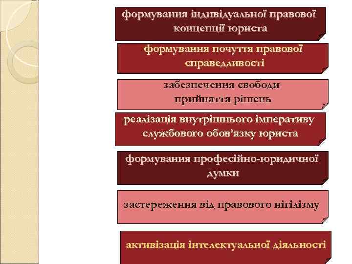 формування індивідуальної правової концепції юриста формування почуття правової справедливості забезпечення свободи прийняття рішень реалізація