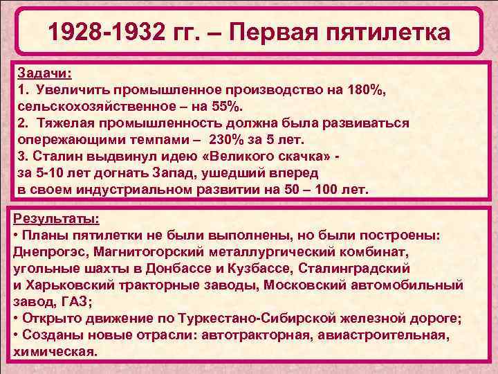 1928 -1932 гг. – Первая пятилетка Задачи: 1. Увеличить промышленное производство на 180%, сельскохозяйственное