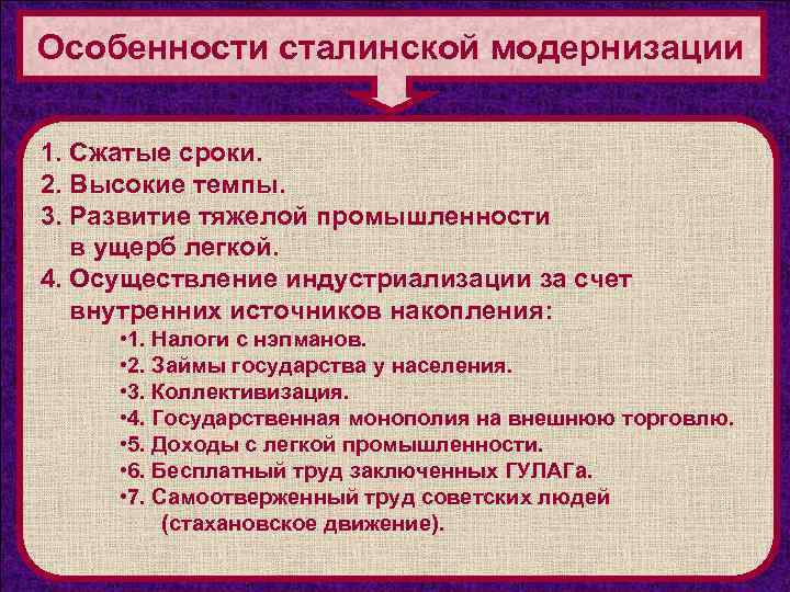 Особенности сталинской модернизации 1. Сжатые сроки. 2. Высокие темпы. 3. Развитие тяжелой промышленности в