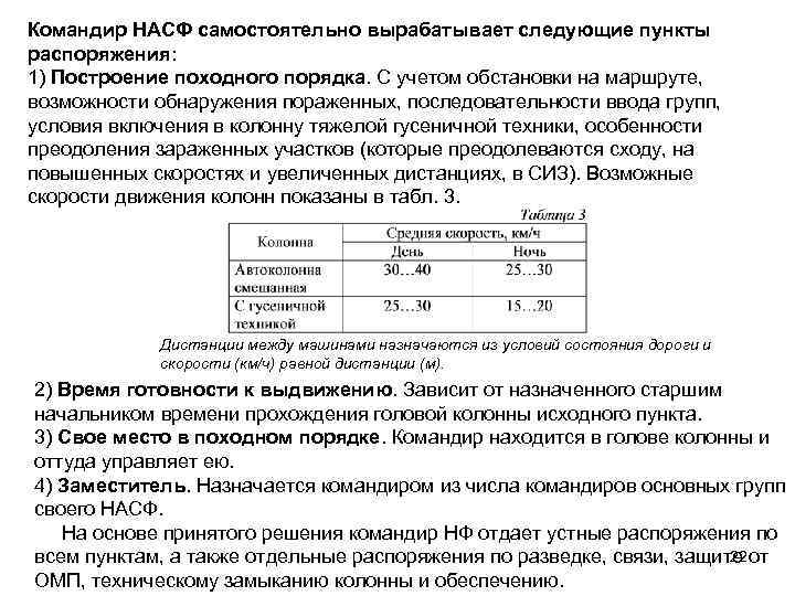 Командир НАСФ самостоятельно вырабатывает следующие пункты распоряжения: 1) Построение походного порядка. С учетом обстановки