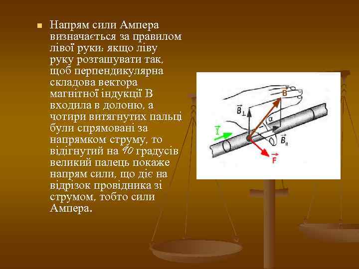 n Напрям сили Ампера визначається за правилом лівої руки: якщо ліву руку розташувати так,