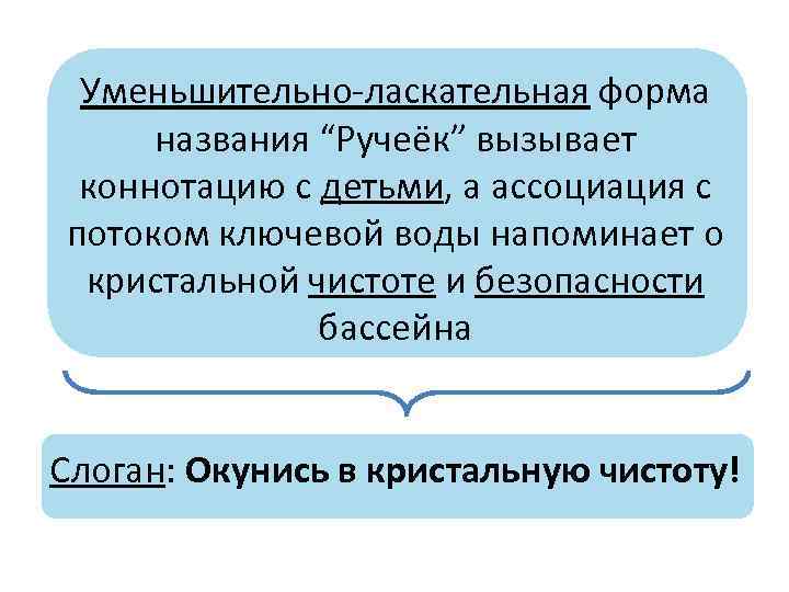Уменьшительно-ласкательная форма названия “Ручеёк” вызывает коннотацию с детьми, а ассоциация с потоком ключевой воды