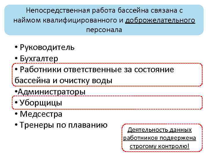 Непосредственная работа бассейна связана с наймом квалифицированного и доброжелательного персонала • Руководитель • Бухгалтер
