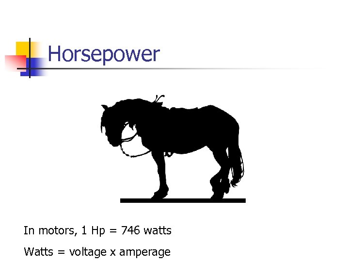 Horsepower In motors, 1 Hp = 746 watts Watts = voltage x amperage 