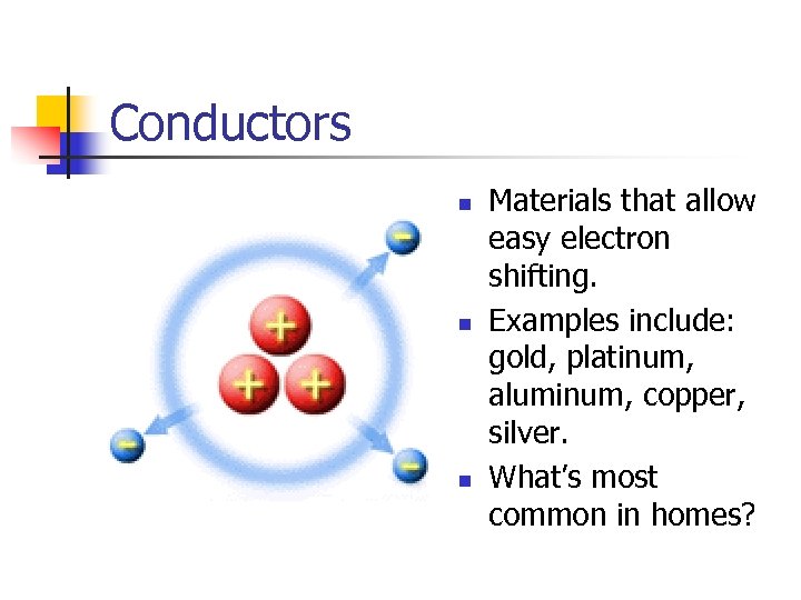 Conductors n n n Materials that allow easy electron shifting. Examples include: gold, platinum,