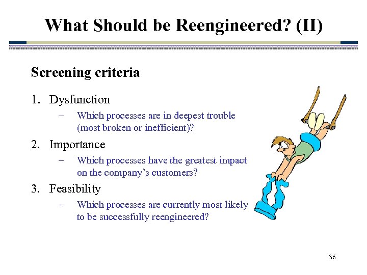 What Should be Reengineered? (II) Screening criteria 1. Dysfunction – Which processes are in