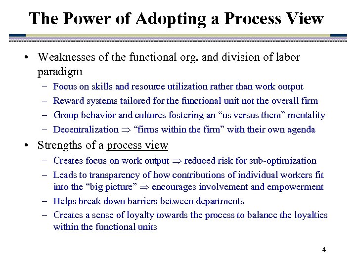 The Power of Adopting a Process View • Weaknesses of the functional org. and