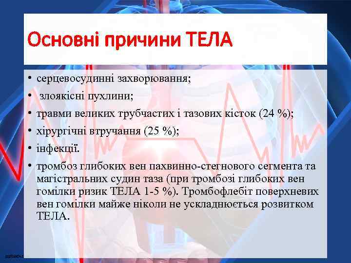 Основні причини ТЕЛА • • • серцевосудинні захворювання; злоякісні пухлини; травми великих трубчастих і