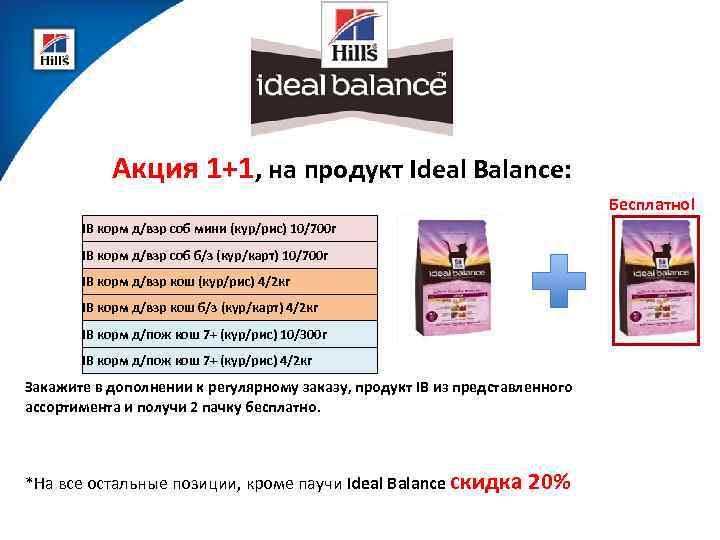 Акция 1+1, на продукт Ideal Balance: Бесплатно! IB корм д/взр соб мини (кур/рис) 10/700