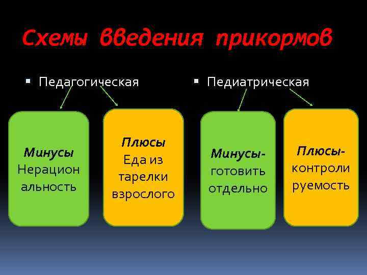 Схемы введения прикормов Педагогическая Минусы Нерацион альность Плюсы Еда из тарелки взрослого Педиатрическая Минусыготовить