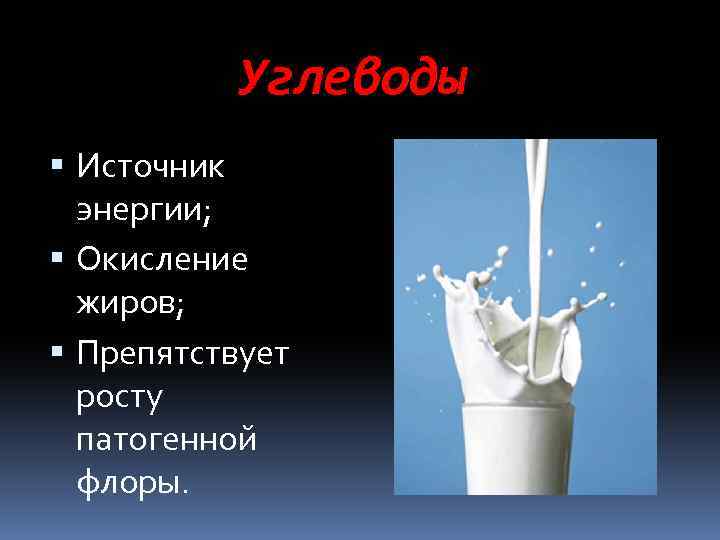 Углеводы Источник энергии; Окисление жиров; Препятствует росту патогенной флоры. 