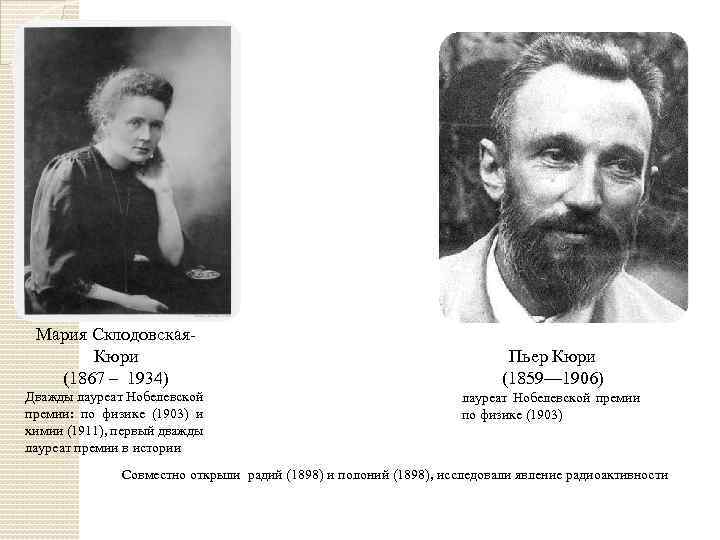 Мария Склодовская. Кюри (1867 – 1934) Дважды лауреат Нобелевской премии: по физике (1903) и