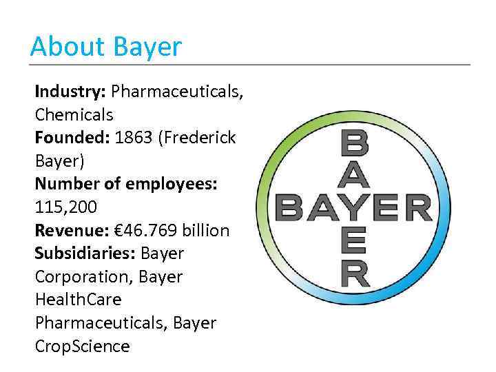 About Bayer Industry: Pharmaceuticals, Chemicals Founded: 1863 (Frederick Bayer) Number of employees: 115, 200