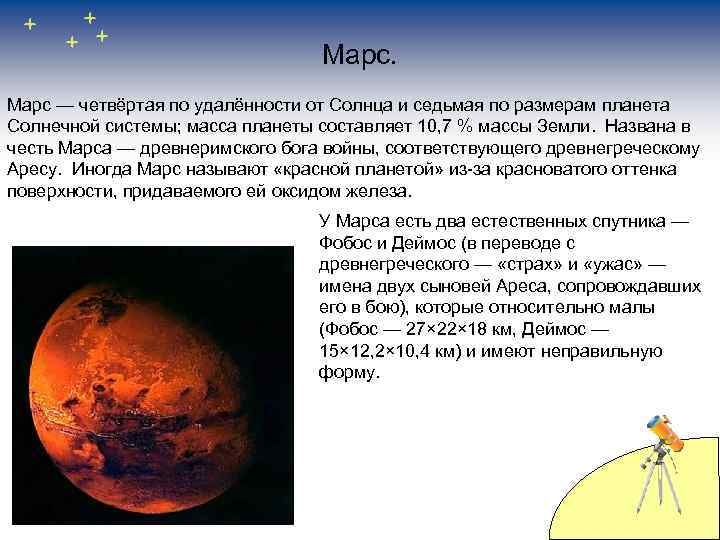 Марс — четвёртая по удалённости от Солнца и седьмая по размерам планета Солнечной системы;