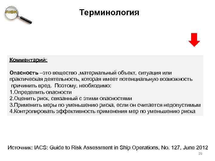 Терминология Комментарий: Опасность –это вещество , материальный объект, ситуация или практическая деятельность, которая имеет