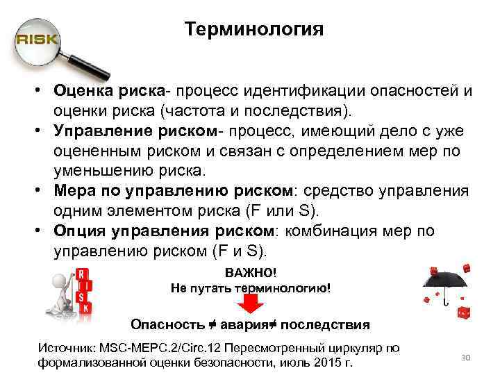 Терминология • Оценка риска- процесс идентификации опасностей и оценки риска (частота и последствия). •