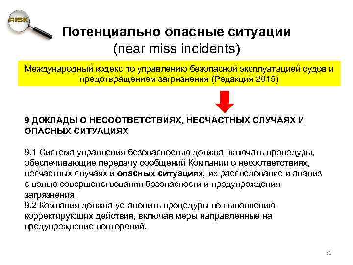 Потенциально опасные ситуации (near miss incidents) Международный кодекс по управлению безопасной эксплуатацией судов и