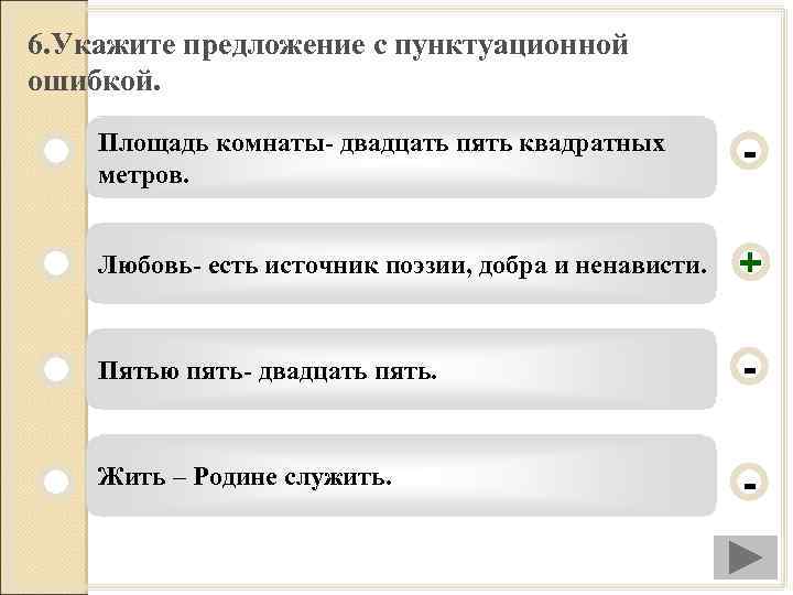 6. Укажите предложение с пунктуационной ошибкой. Площадь комнаты- двадцать пять квадратных метров. - Любовь-