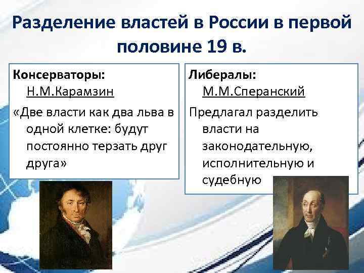 Разделение властей в России в первой половине 19 в. Консерваторы: Н. М. Карамзин «Две