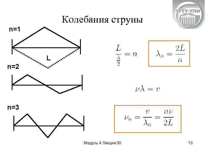 Колебания струны n=1 L n=2 n=3 Модуль 4 Лекция 30 10 