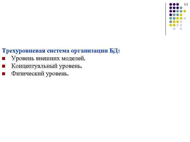 11 Трехуровневая система организации БД: n Уровень внешних моделей. n Концептуальный уровень. n Физический