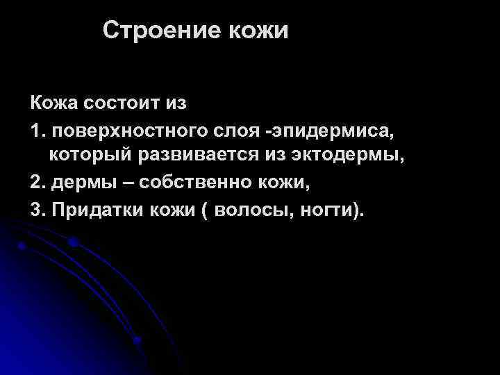 Строение кожи Кожа состоит из 1. поверхностного слоя -эпидермиса, который развивается из эктодермы, 2.