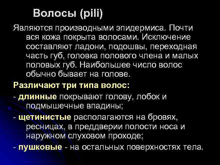 Волосы (pili) Являются производными эпидермиса. Почти вся кожа покрыта волосами. Исключение составляют ладони, подошвы,