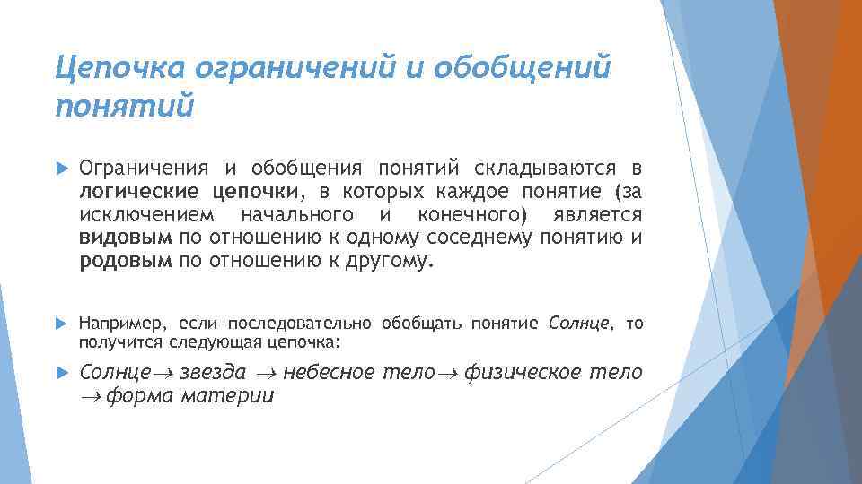 Цепочка ограничений и обобщений понятий Ограничения и обобщения понятий складываются в логические цепочки, в